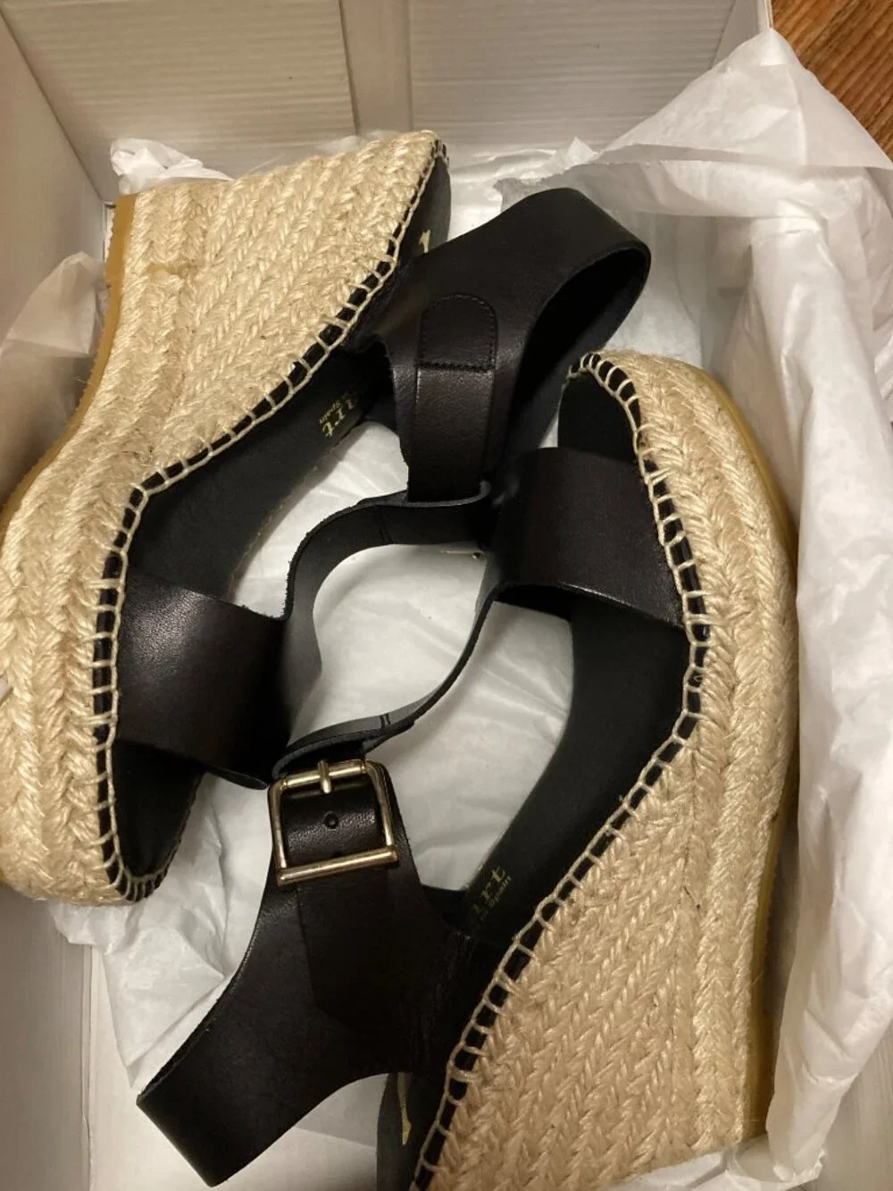 Paseart Espadrille Wedge Sandals Black Leather  Women's Size 6.5 US 37 EUR New